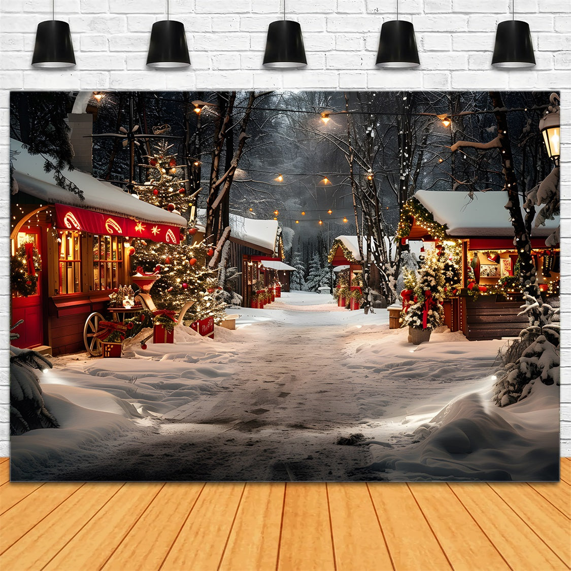 Christmas Shop Stalls Snowy Night Forest Backdrop RR7-681