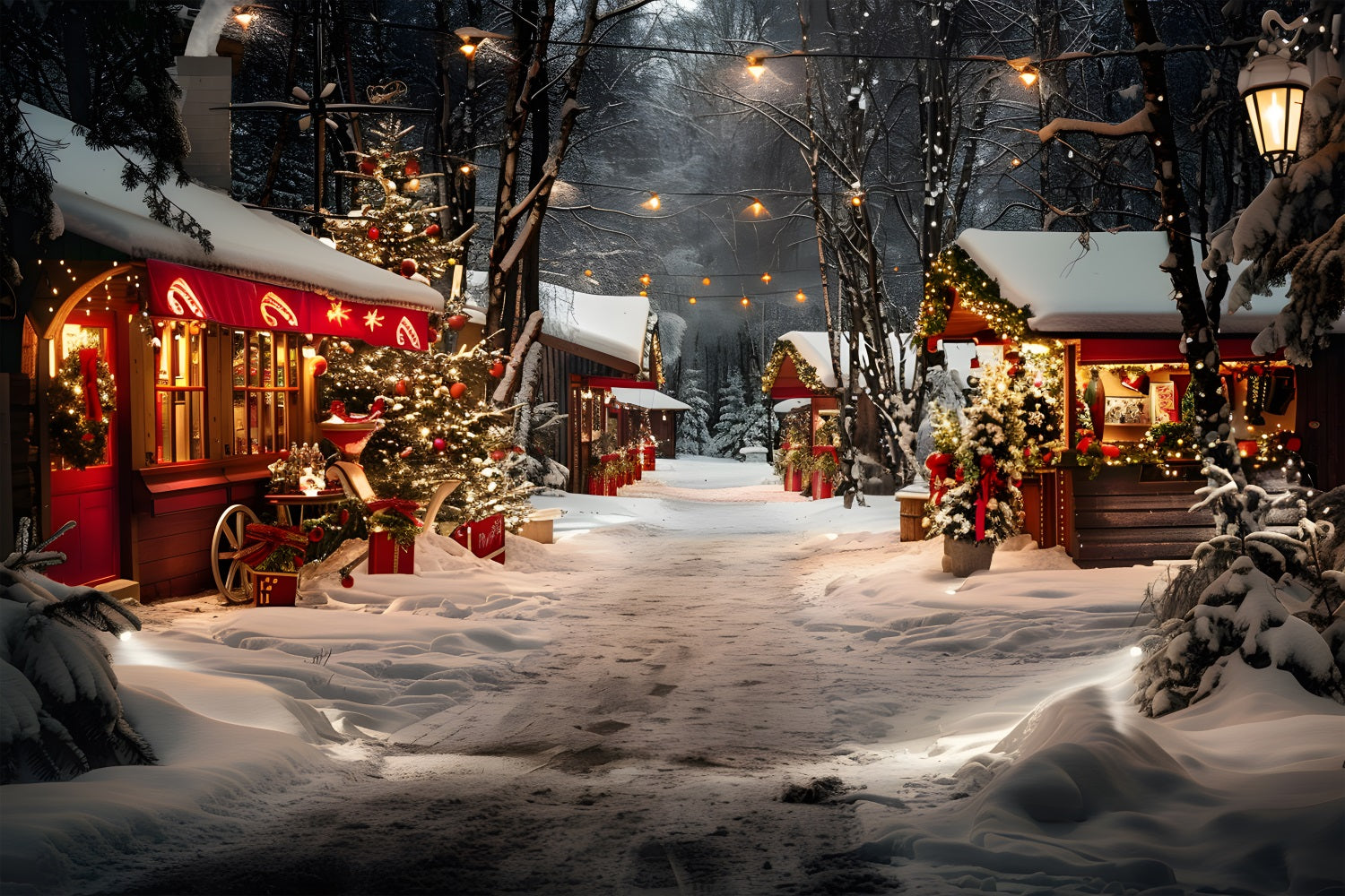 Christmas Shop Stalls Snowy Night Forest Backdrop RR7-681