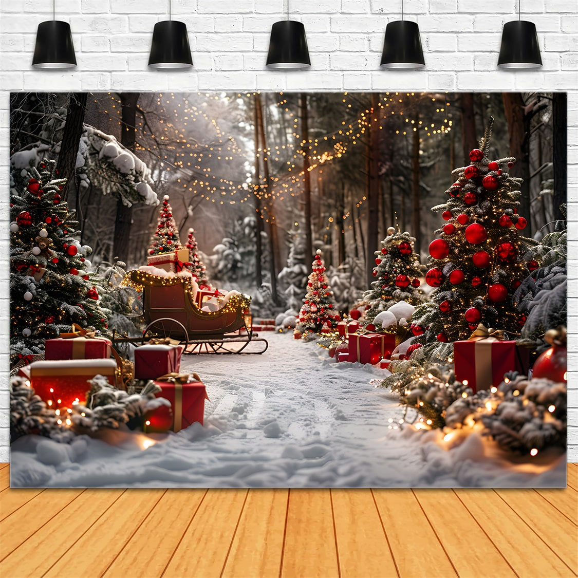 Christmas Sleigh Gift Laden Trees Backdrop RR7-682