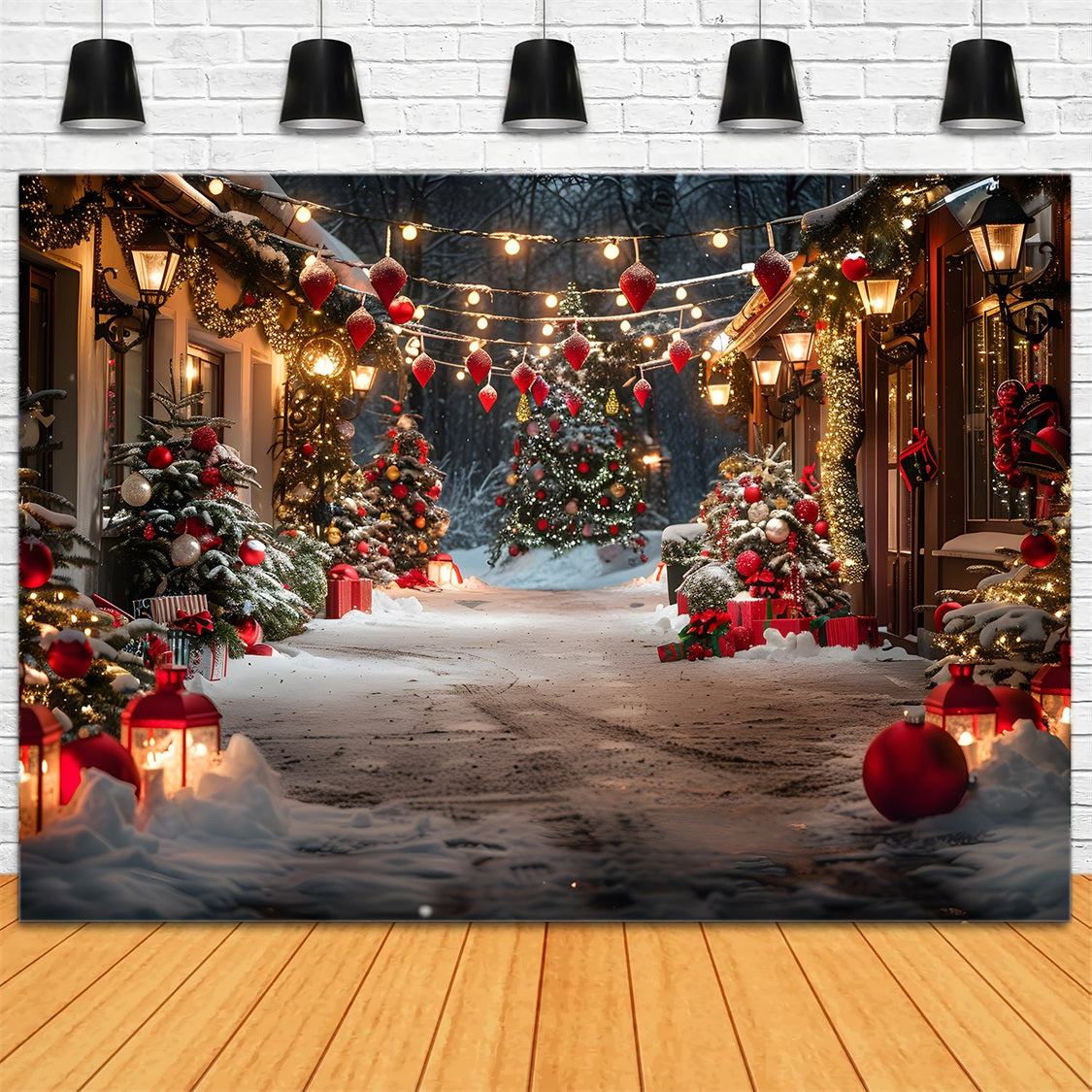 Christmas Village Lane Trees Lanterns Backdrop RR7-683