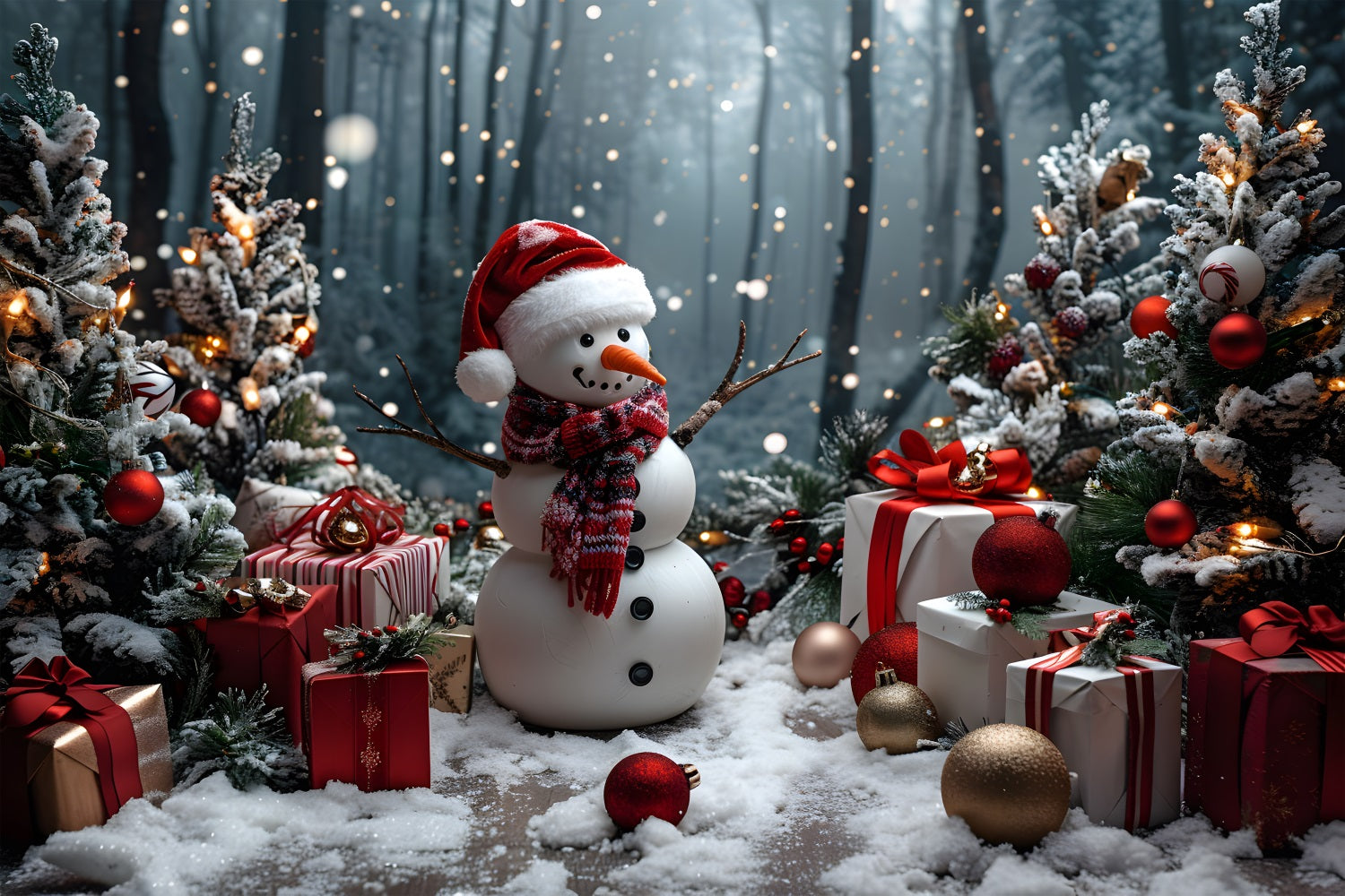 Christmas Snowman Gifts Trees Backdrop RR7-684