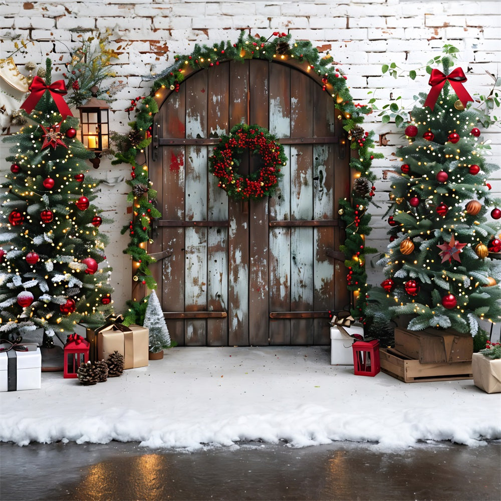 Christmas Rustic Doorway Festive Trees Backdrop RR7-687