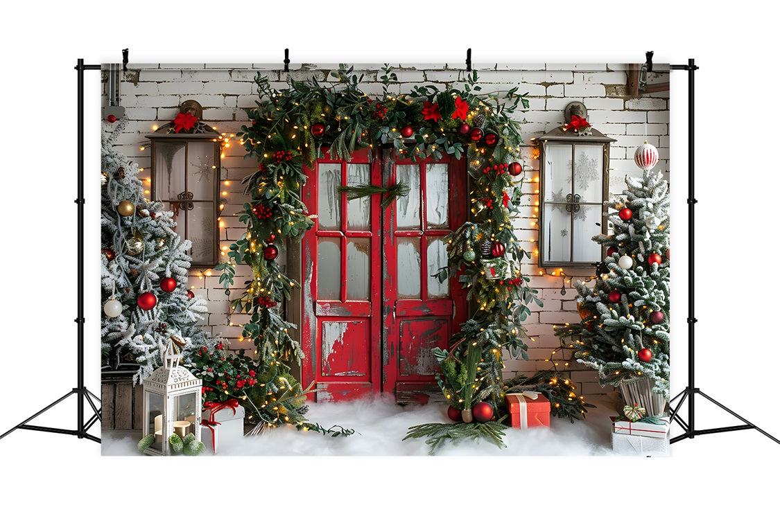 Christmas Rustic Red Door Garland Backdrop RR7-689