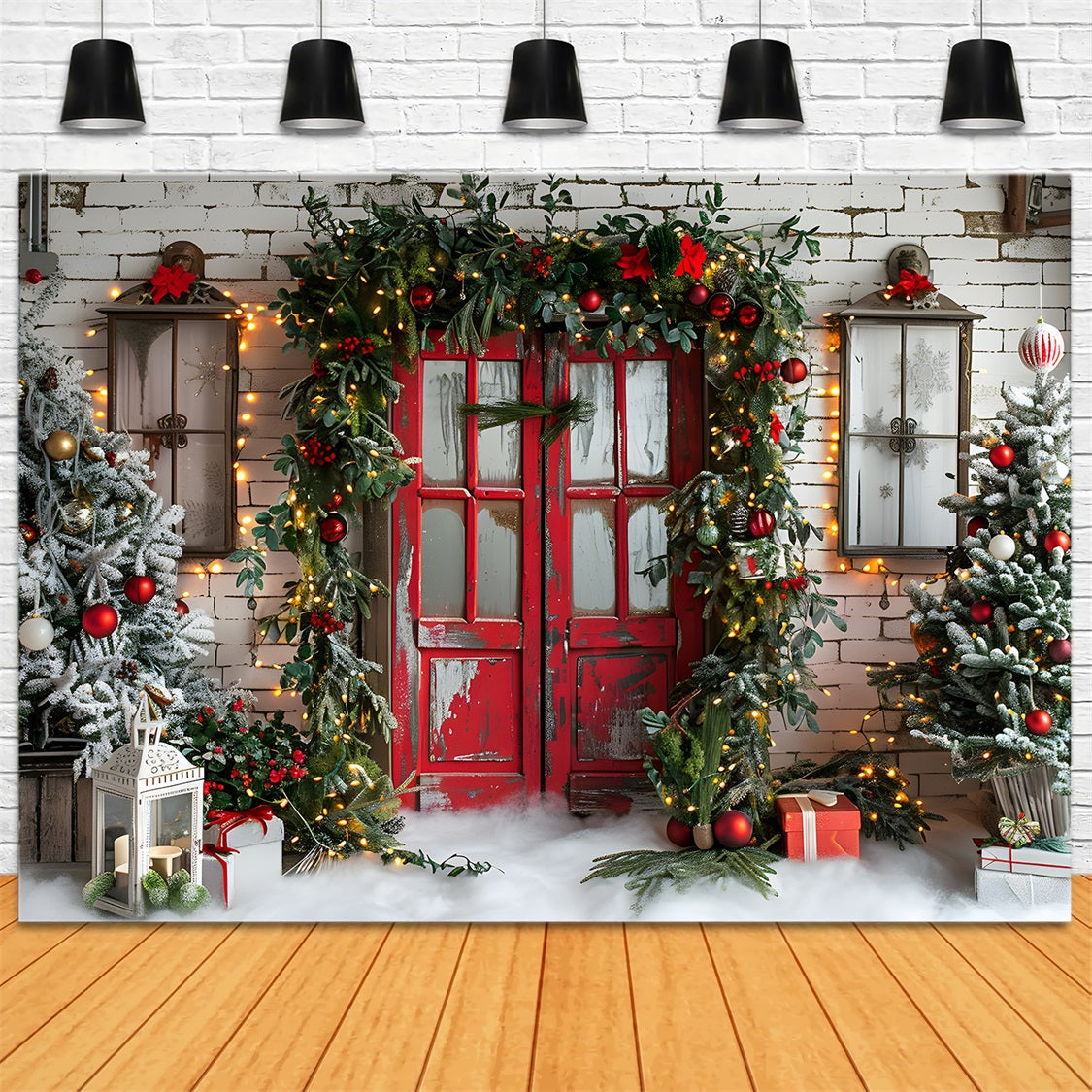 Christmas Rustic Red Door Garland Backdrop RR7-689