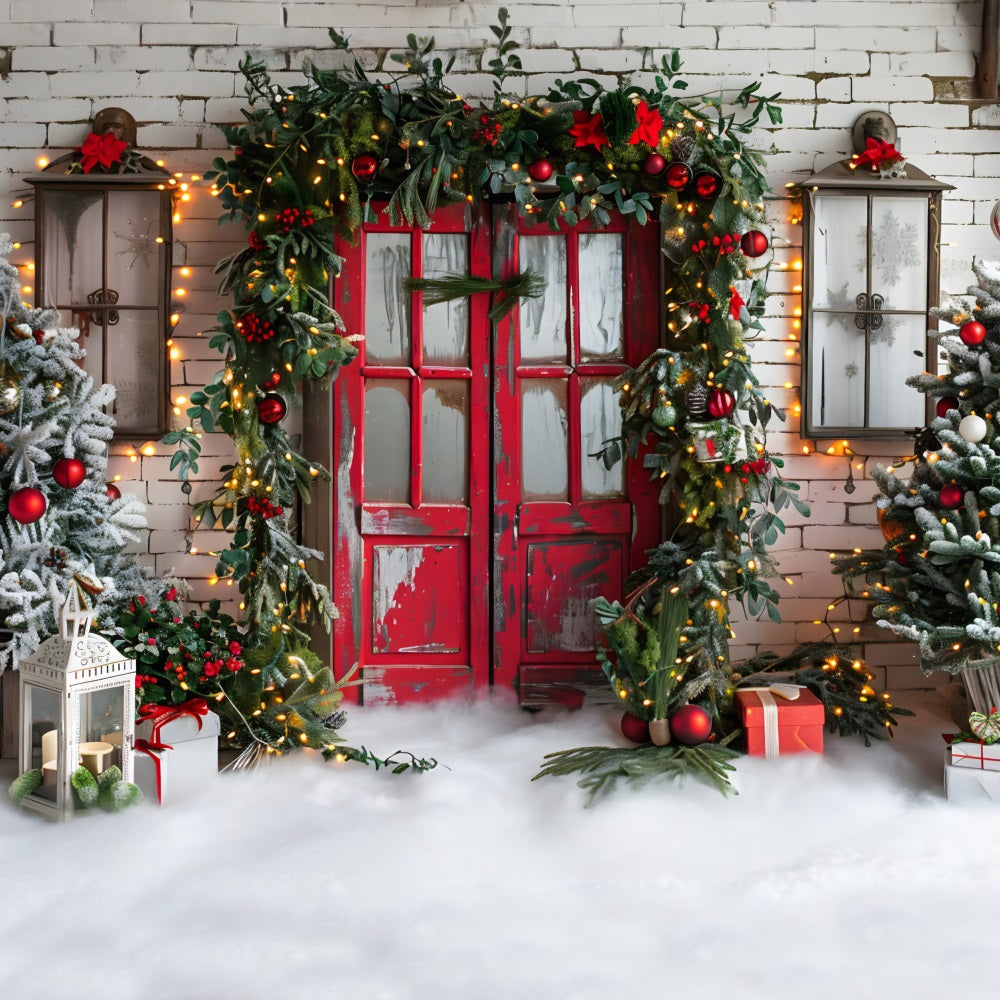 Christmas Rustic Red Door Garland Backdrop RR7-689