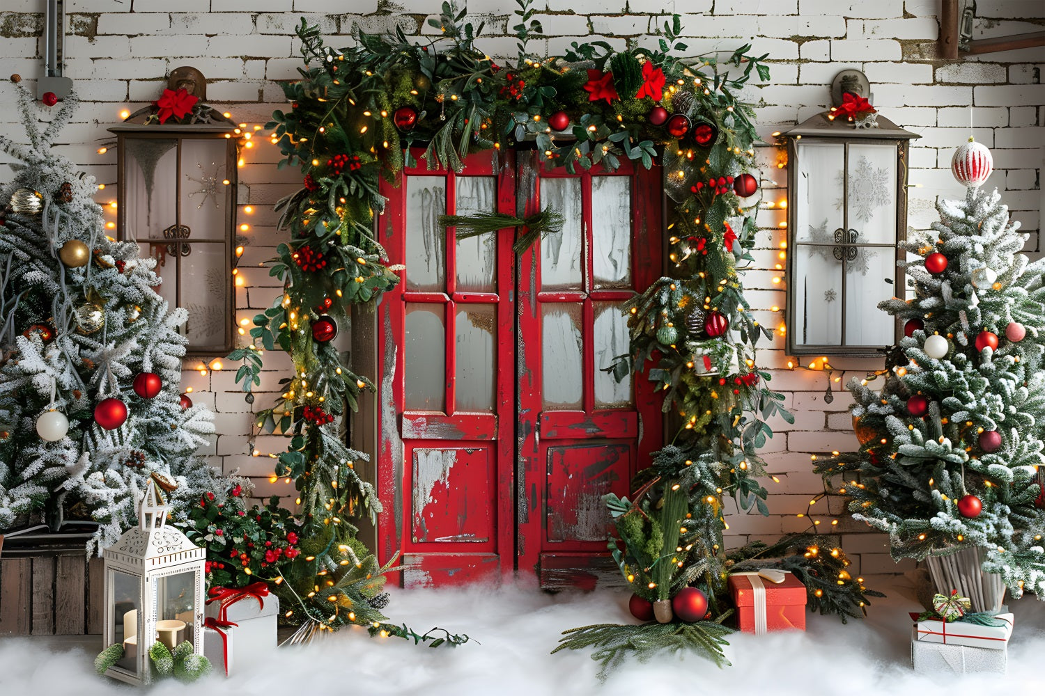 Christmas Rustic Red Door Garland Backdrop RR7-689