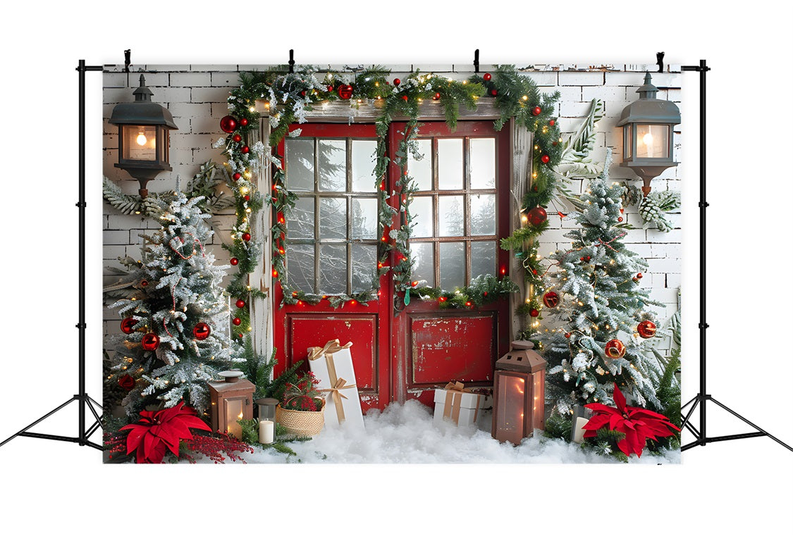 Christmas Snowy Red Door Garland Backdrop RR7-692