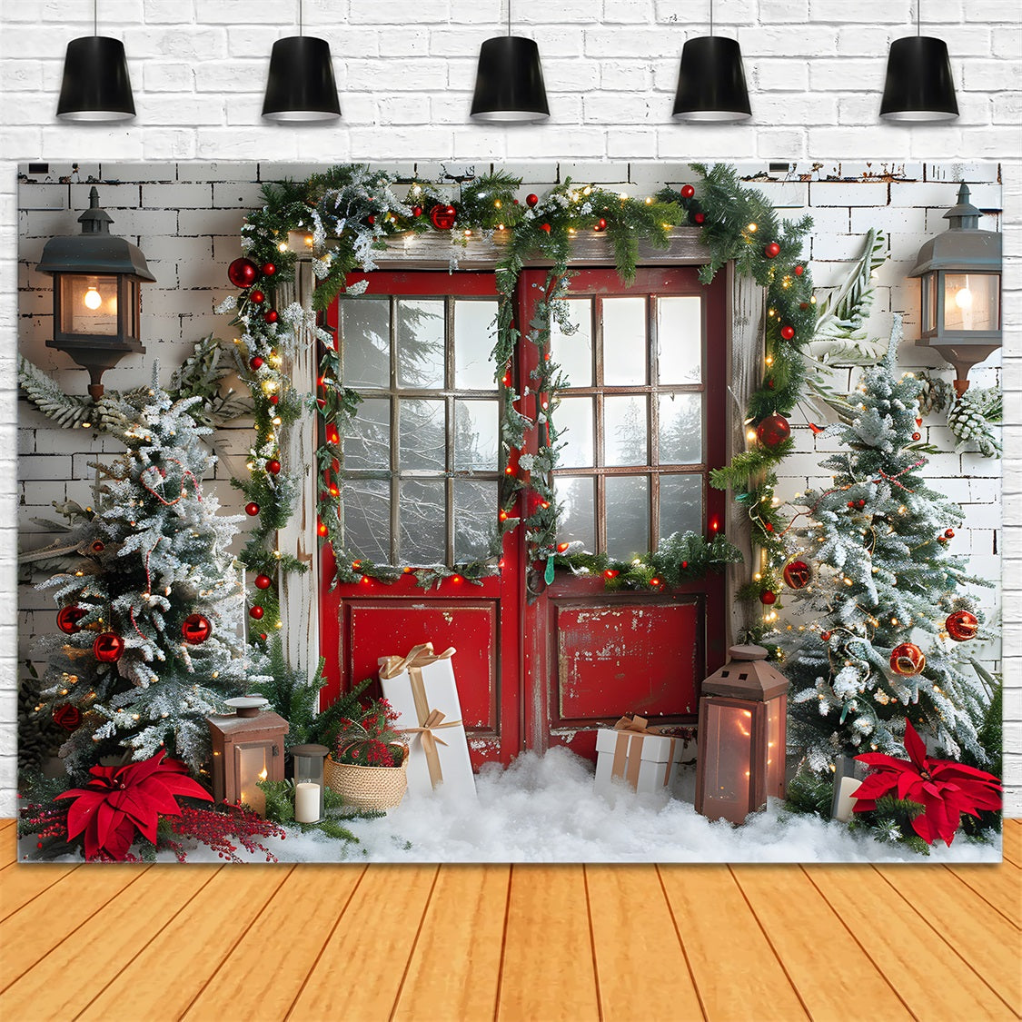 Christmas Snowy Red Door Garland Backdrop RR7-692