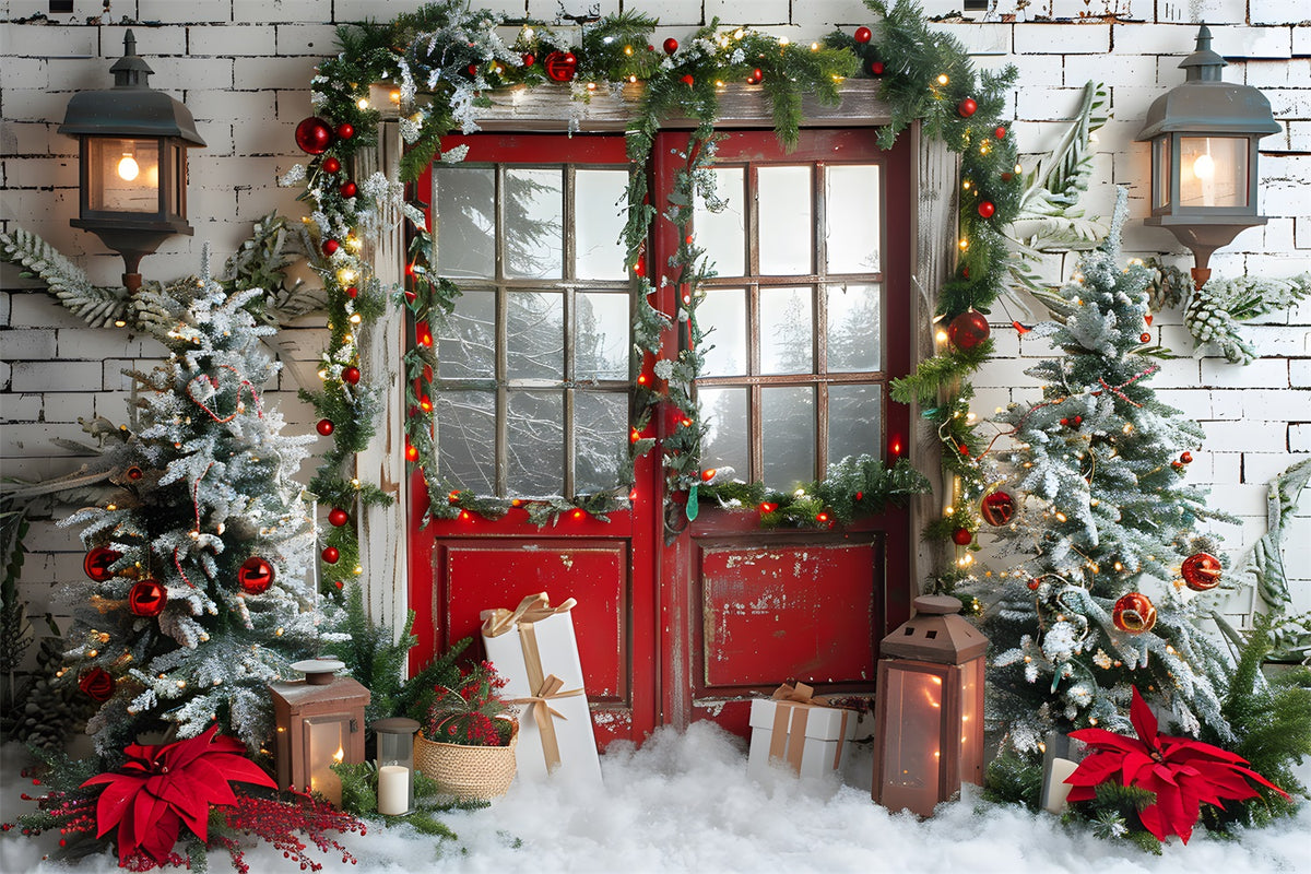 Christmas Snowy Red Door Garland Backdrop RR7-692