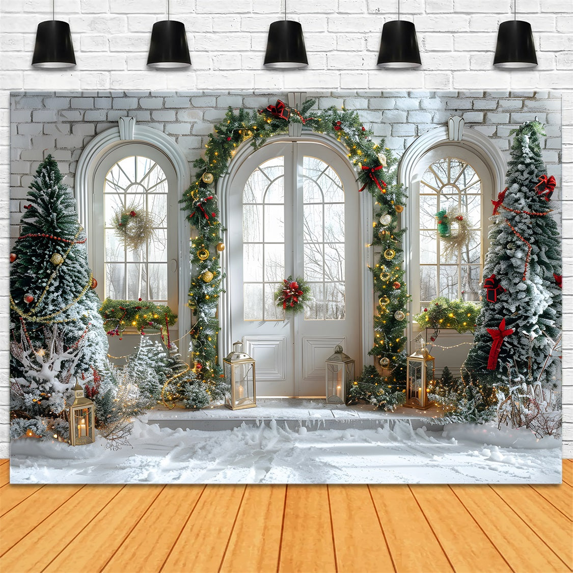 Christmas Arched Doorway Snowy Decor Backdrop RR7-694