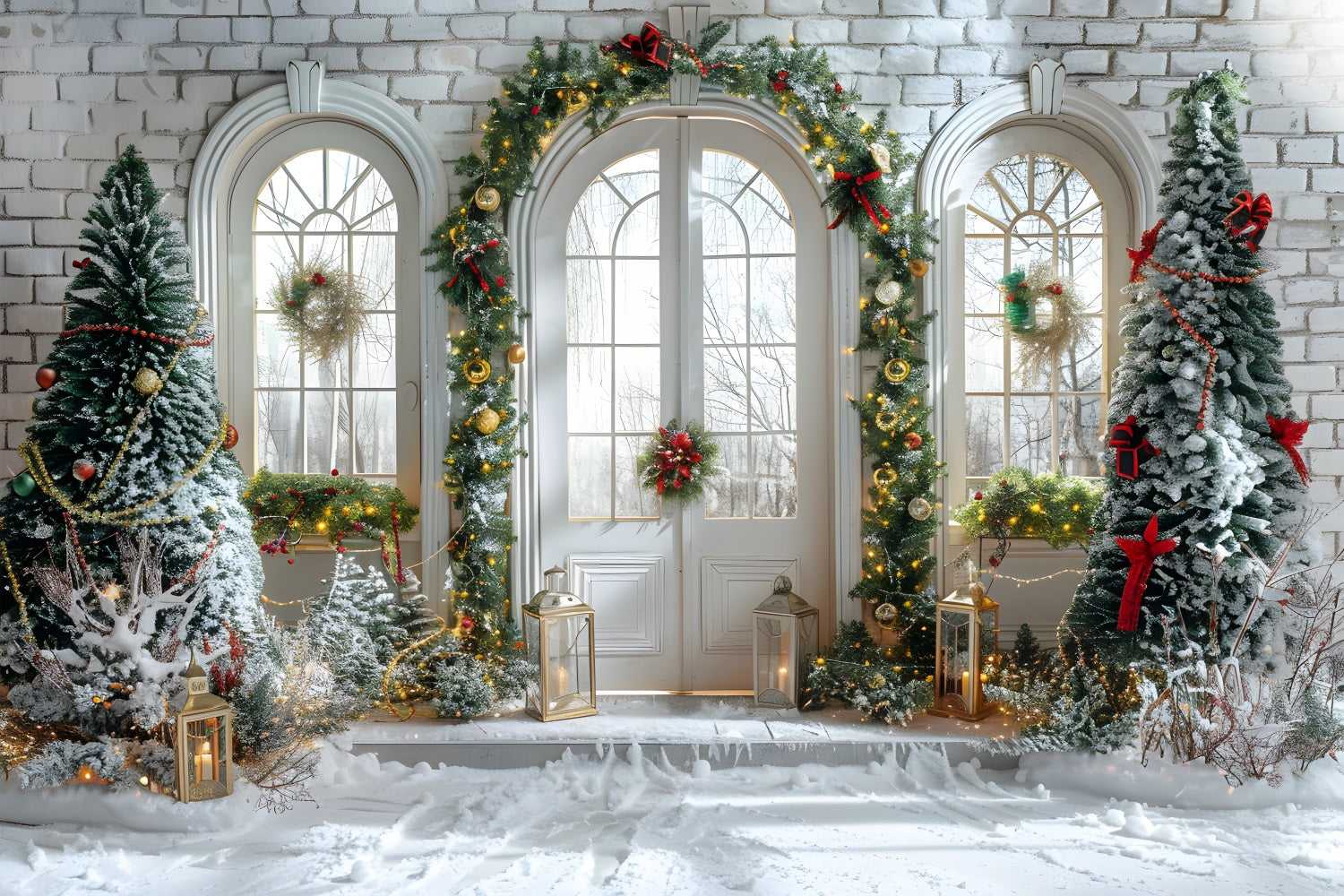 Christmas Arched Doorway Snowy Decor Backdrop RR7-694