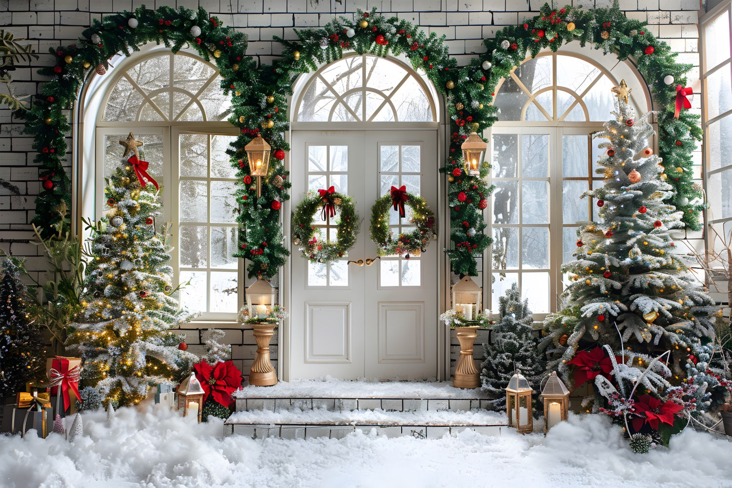 Christmas Arched Doorway Wreaths Trees Backdrop RR7-695