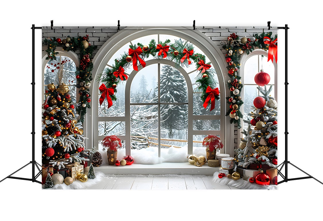 Christmas Arched Window Snowy Landscape Backdrop RR7-696