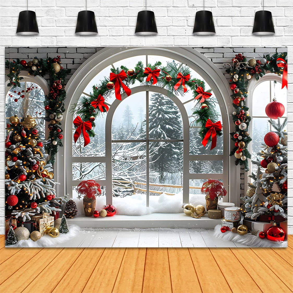 Christmas Arched Window Snowy Landscape Backdrop RR7-696