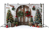 Christmas Rustic Wooden Door Wreaths Backdrop RR7-697