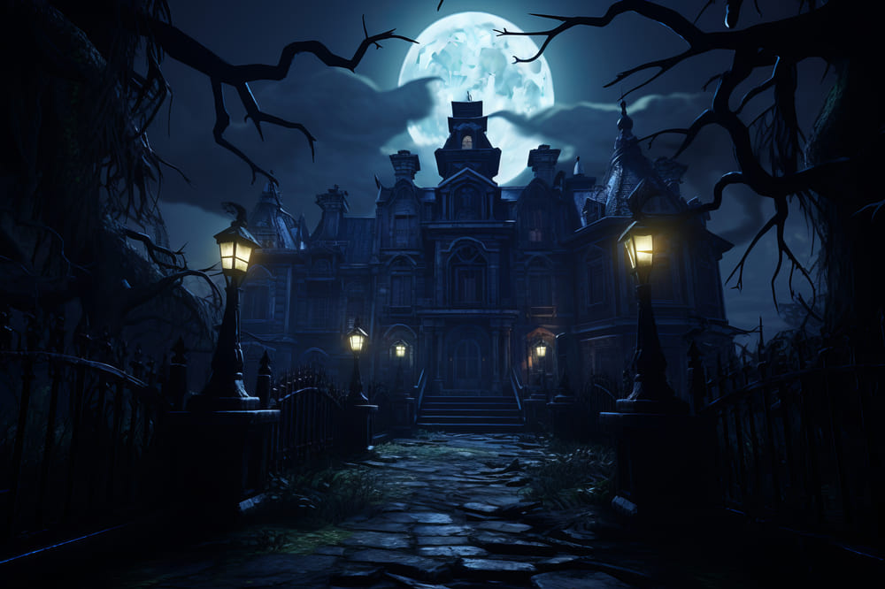 Halloween Spooky Mansion Full Moon Backdrop RR7-69