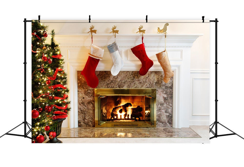 Christmas Tree White Fireplace Stocking Backdrop RR7-711