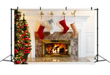 Christmas Tree White Fireplace Stocking Backdrop RR7-711