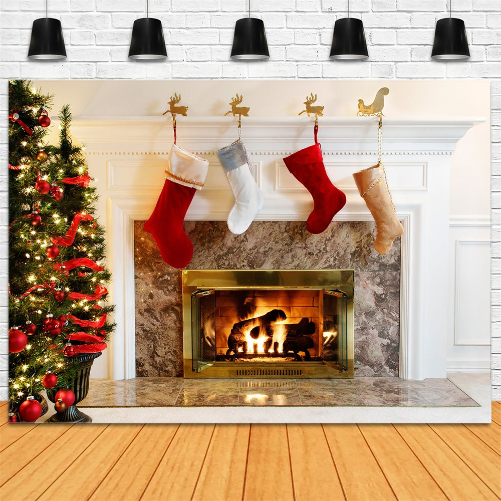 Christmas Tree White Fireplace Stocking Backdrop RR7-711