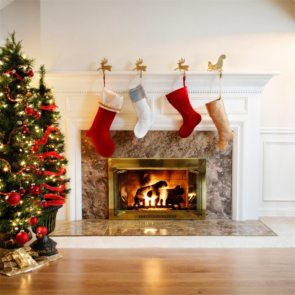 Christmas Tree White Fireplace Stocking Backdrop RR7-711