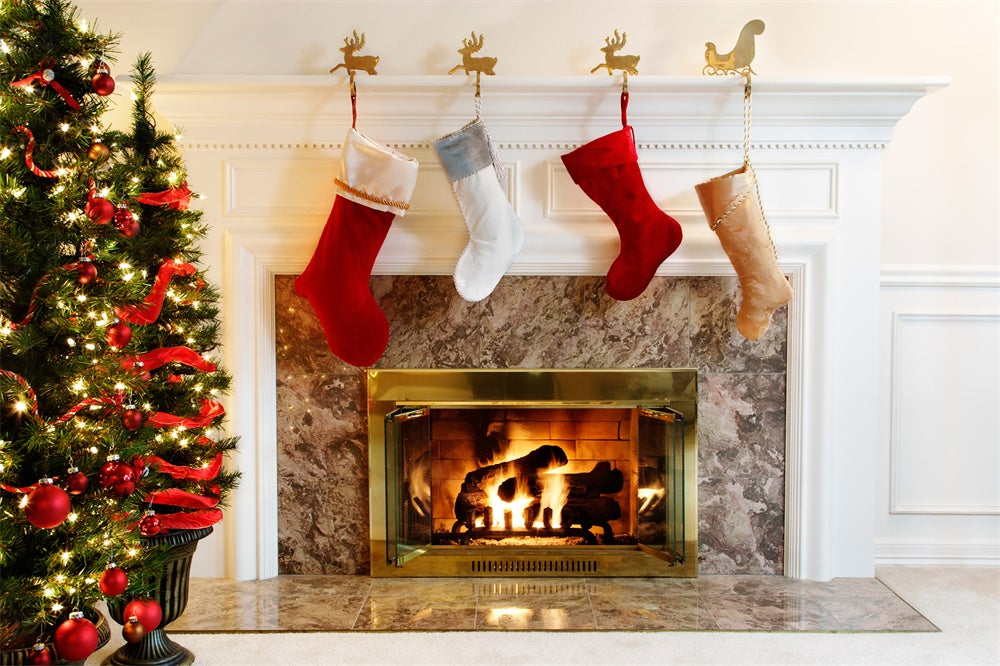 Christmas Tree White Fireplace Stocking Backdrop RR7-711