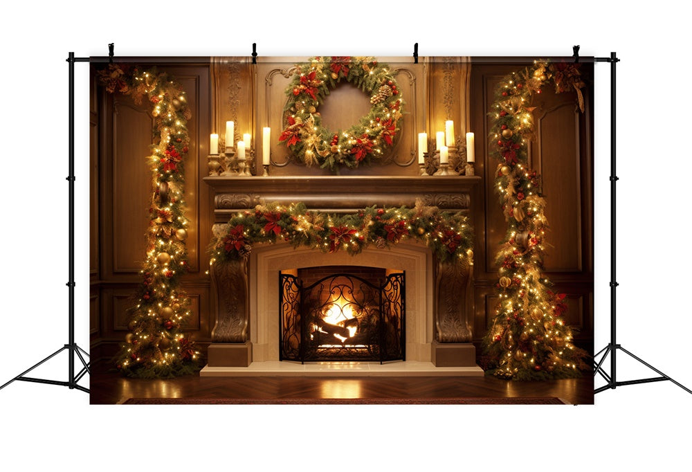 Christmas Glowing Wreath Fireplace Candles Backdrop RR7-712