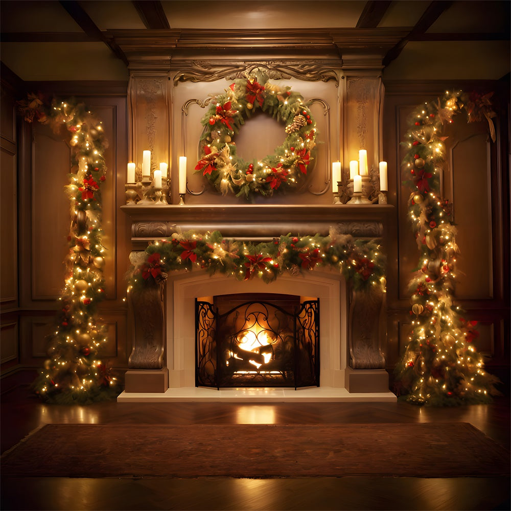 Christmas Glowing Wreath Fireplace Candles Backdrop RR7-712