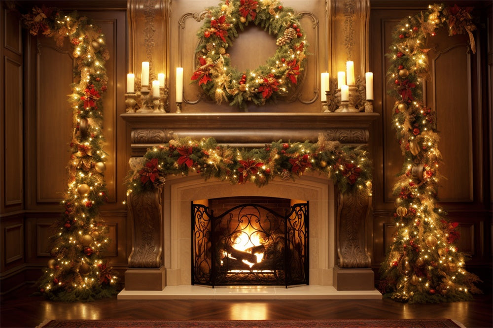 Christmas Glowing Wreath Fireplace Candles Backdrop RR7-712