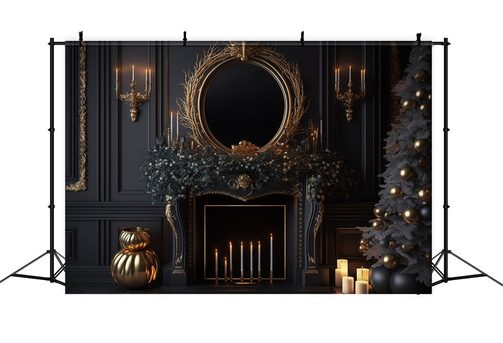 Black Wall Fireplace Christmas Tree Backdrop RR7-713