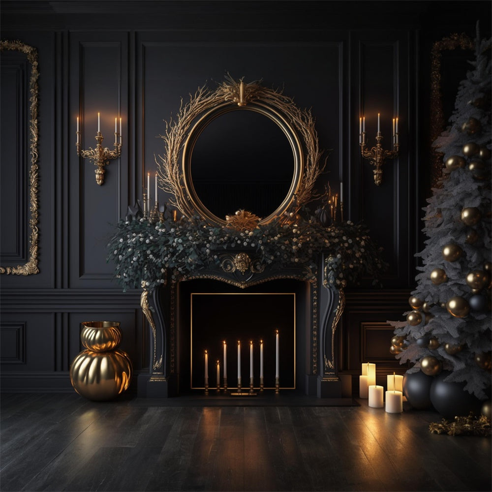 Black Wall Fireplace Christmas Tree Backdrop RR7-713