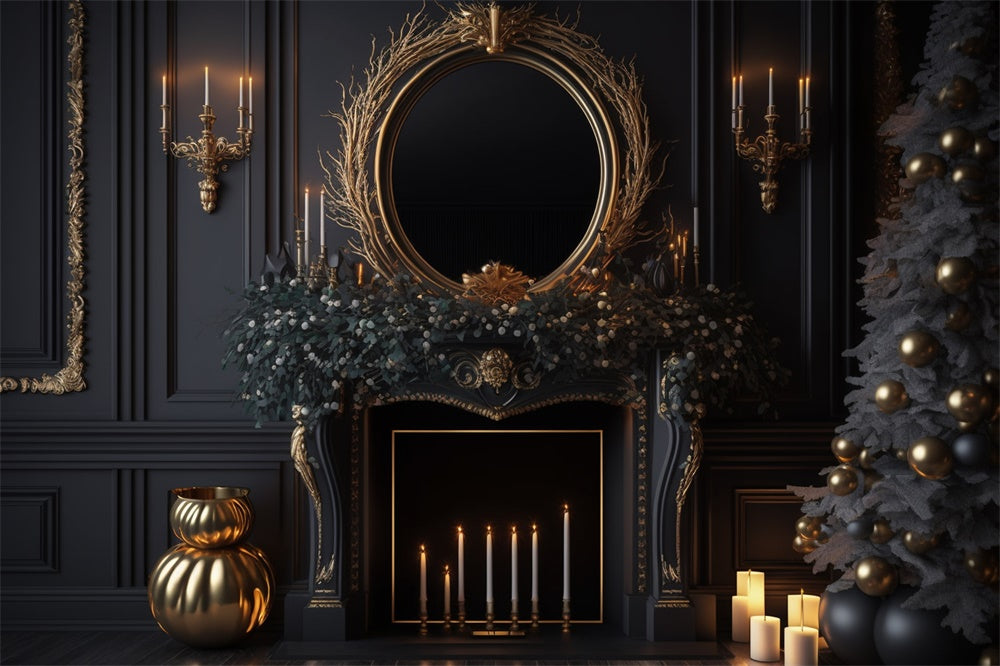 Black Wall Fireplace Christmas Tree Backdrop RR7-713