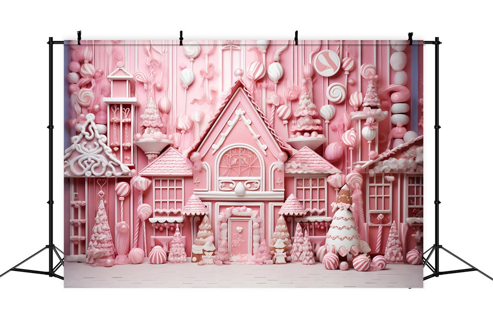 Pink Gingerbread Candy House Christmas Backdrop RR7-714