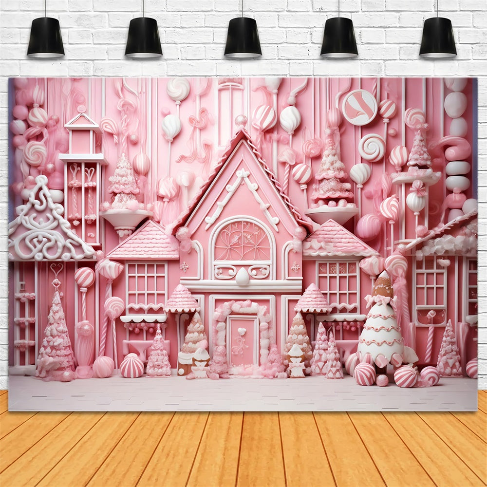 Pink Gingerbread Candy House Christmas Backdrop RR7-714