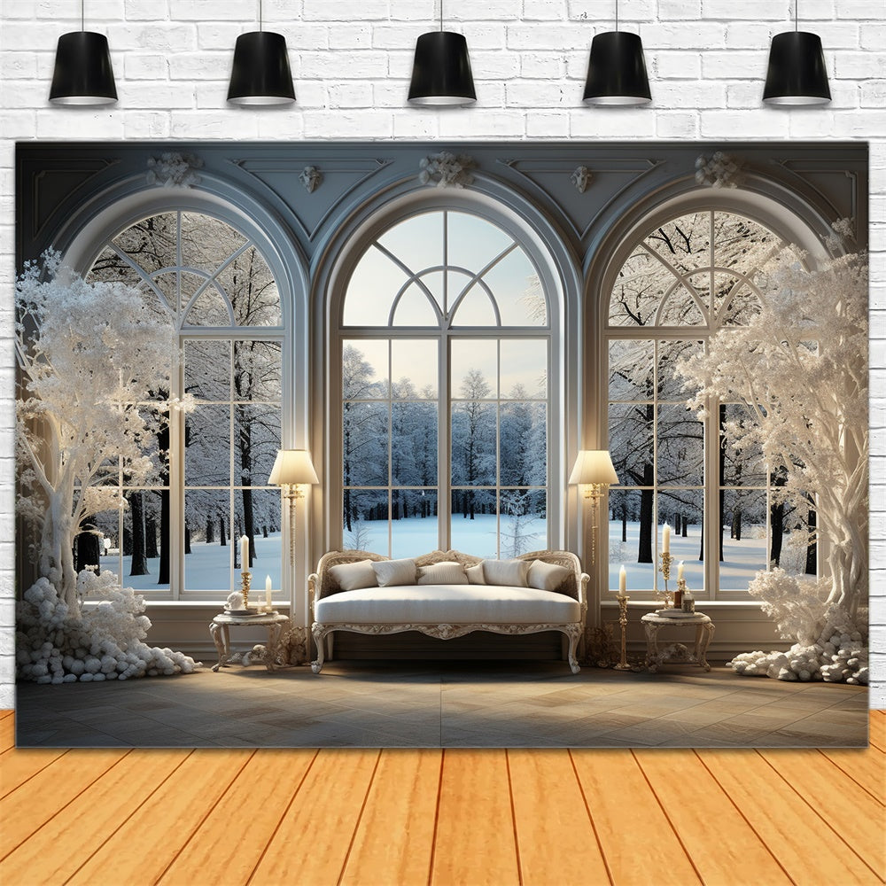 White Christmas Tree Window Snow Backdrop RR7-717