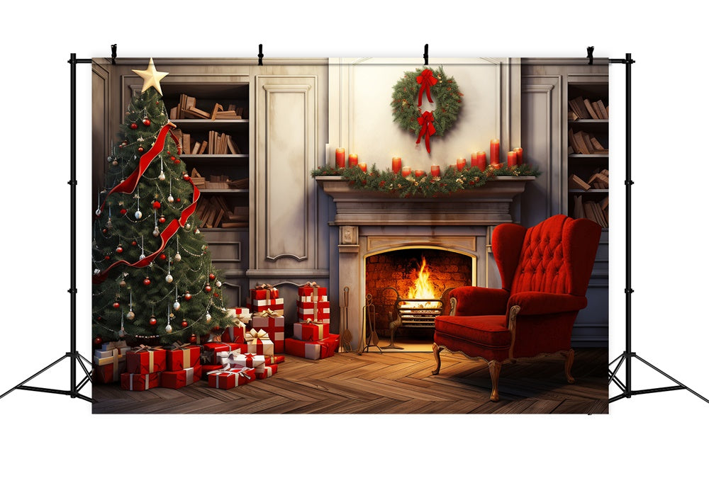 Christmas Tree Gift Boxes Fireplace Backdrop RR7-718