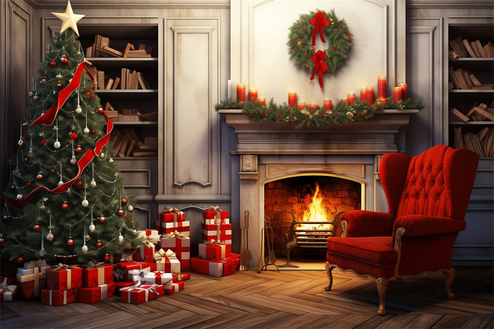 Christmas Tree Gift Boxes Fireplace Backdrop RR7-718