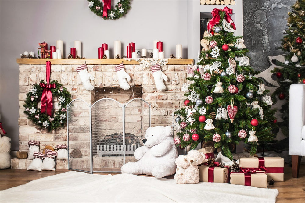 Toy Bear Fireplace Christmas Tree Backdrop RR7-723