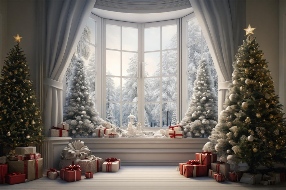 Christmas Window Snowy Tree Scenery Backdrop RR7-728