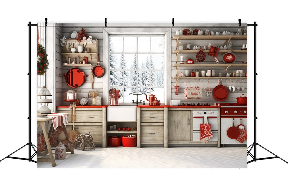 Snowy Forest Cabin Christmas Kitchen Backdrop RR7-730