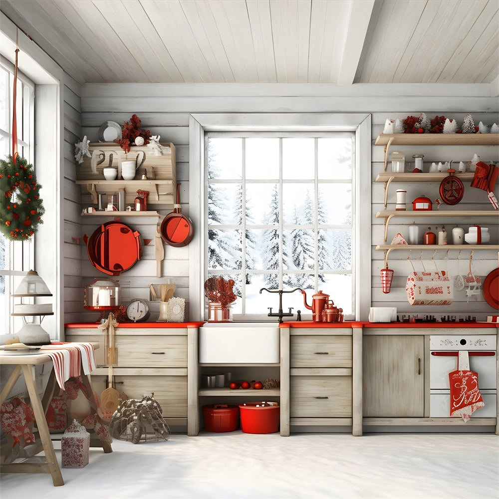 Snowy Forest Cabin Christmas Kitchen Backdrop RR7-730