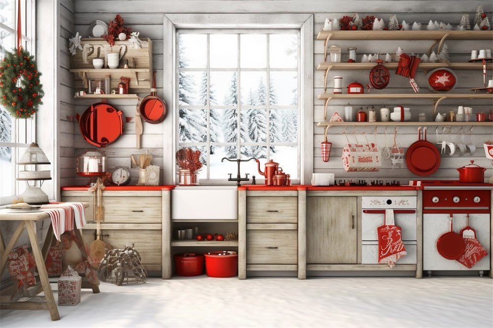 Snowy Forest Cabin Christmas Kitchen Backdrop RR7-730