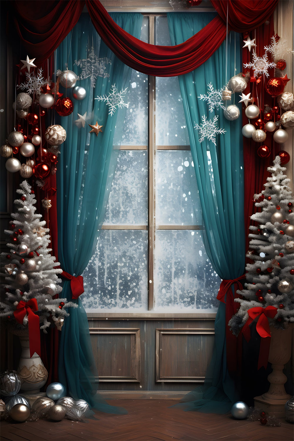 Christmas Snow Window Curtain Backdrop RR7-732