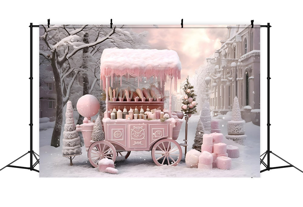 Christmas Pink Candy Shop Cart Snow Backdrop RR7-738