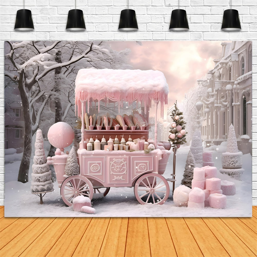 Christmas Pink Candy Shop Cart Snow Backdrop RR7-738