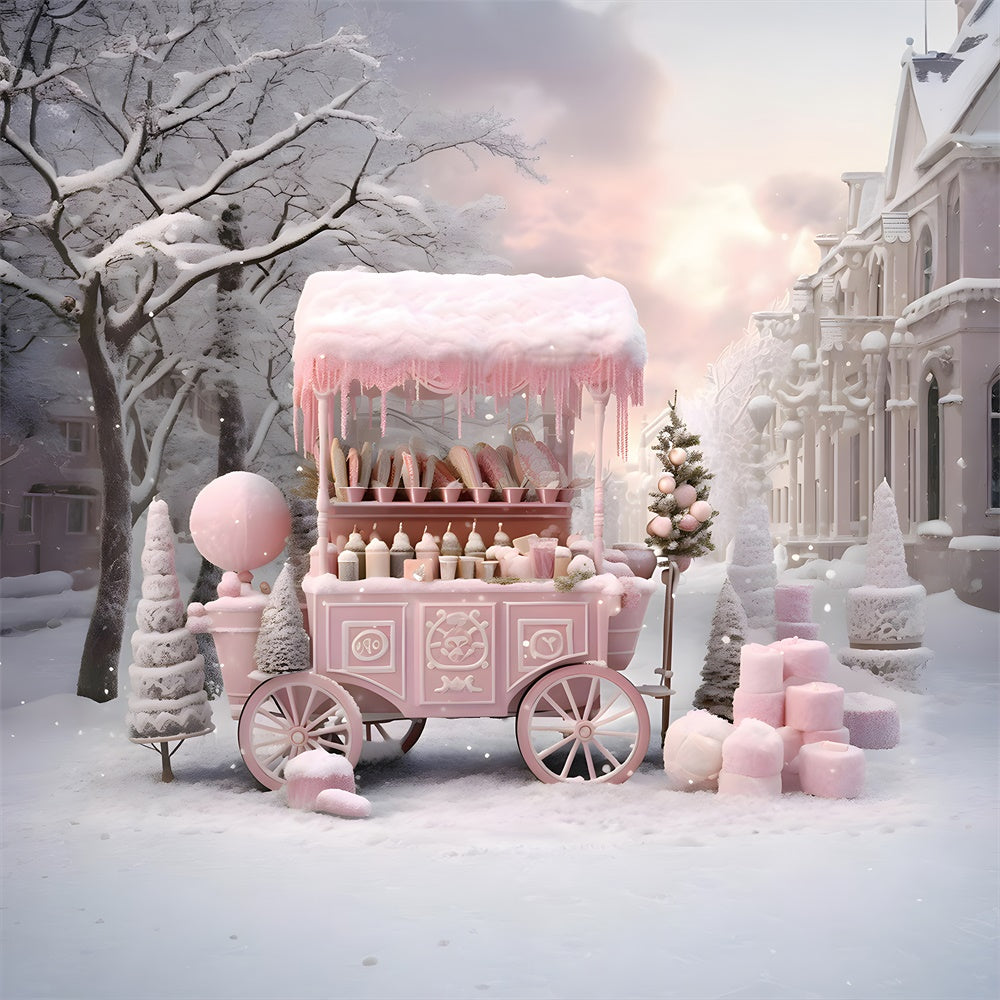 Christmas Pink Candy Shop Cart Snow Backdrop RR7-738