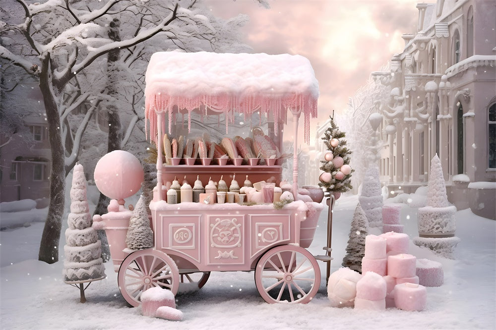 Christmas Pink Candy Shop Cart Snow Backdrop RR7-738