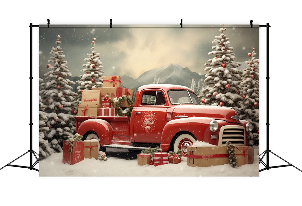 Snowy Christmas Tree Red Truck Backdrop RR7-739