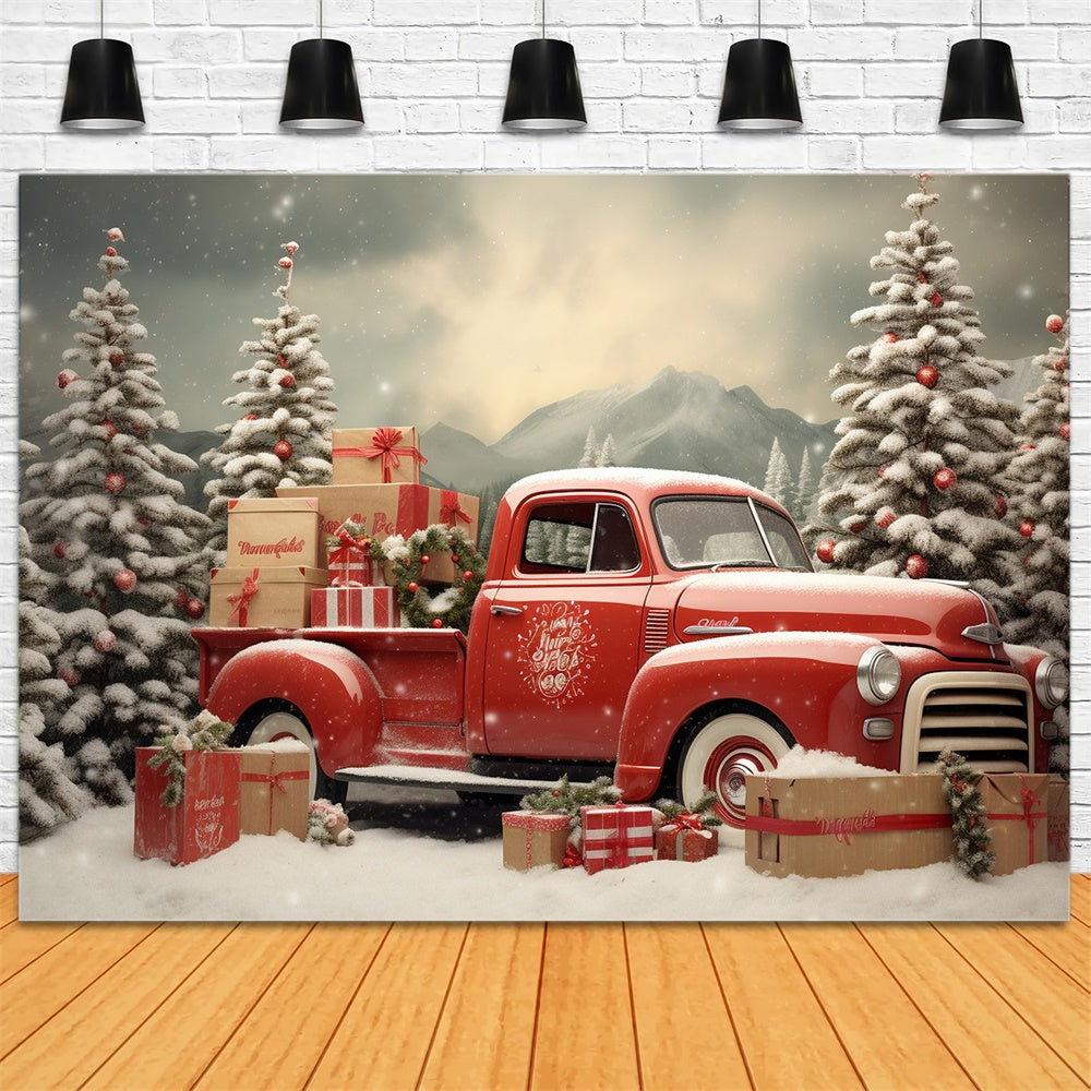 Snowy Christmas Tree Red Truck Backdrop RR7-739