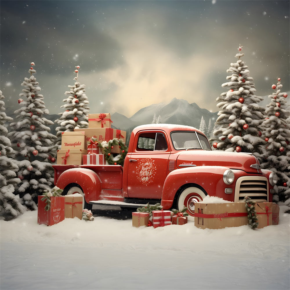 Snowy Christmas Tree Red Truck Backdrop RR7-739