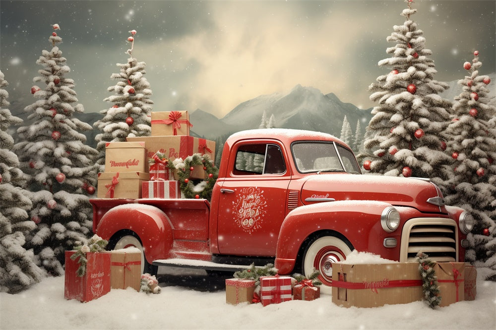 Snowy Christmas Tree Red Truck Backdrop RR7-739